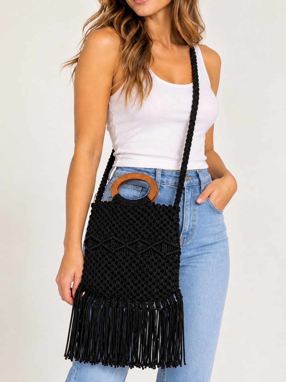 Danielle Nicole Black Macramé Crossbody with Wooden Handles and Fringe